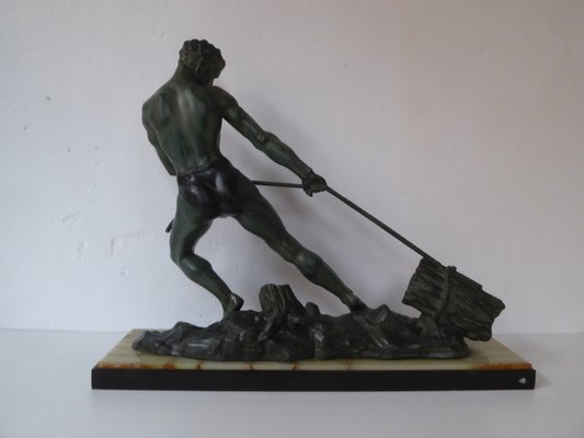 Art Deco Green Patinated Metal and Marble Sculpture of Man Pulling Stone from Ucra, France-AWL-1139129