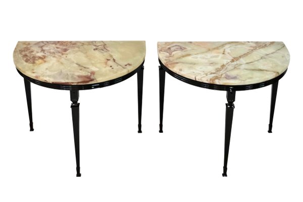 Art Deco Half-Moon Marble Nightstands on Black Metal Base, 1930s, Set of 2-CXC-1368780