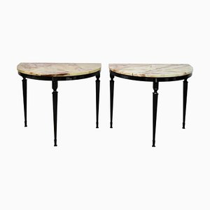 Art Deco Half-Moon Marble Nightstands on Black Metal Base, 1930s, Set of 2-CXC-1368780