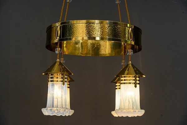 Art Deco Hammered Chandelier with Opaline Glass Shades, Vienna, 1920-SPD-1397573