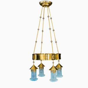 Art Deco Hammered Chandelier with Opaline Glass Shades, Vienna, 1920-SPD-1397573