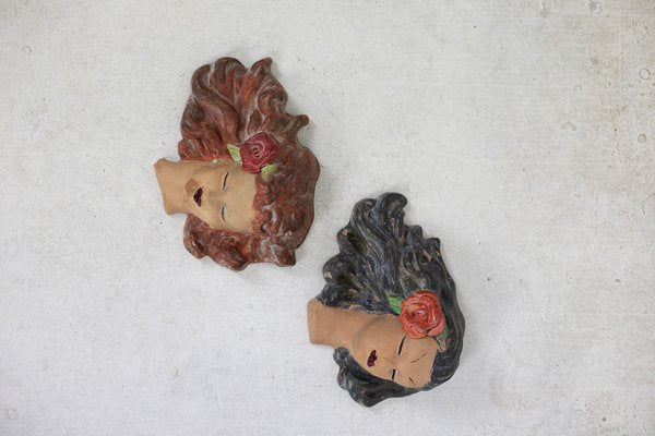 Art Deco Hand-Painted Female Ceramic Wall Figurines, 1960s, Set of 2-FOH-1759436