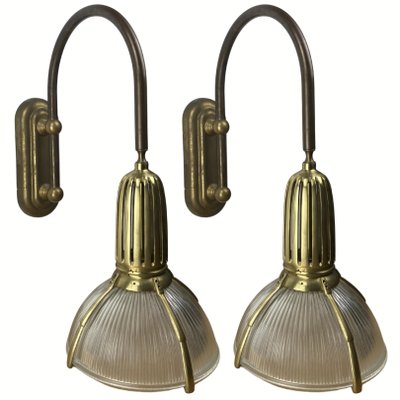 Art Deco Holophane Cut Glass and Brass Wall Lamps, 1970s, Set of 2-BHG-1430645