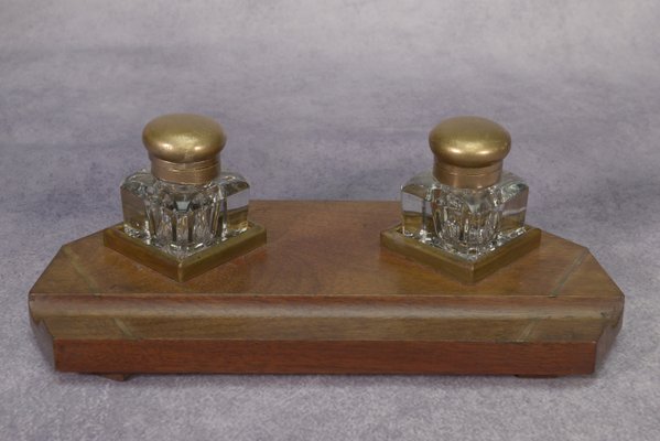 Art Deco Inkwell Wooden Support with Brass Inlay 2 Uraline Glass Inkwell, 1930s, Set of 3-NEN-2033922