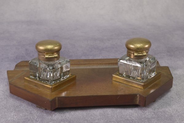 Art Deco Inkwell Wooden Support with Brass Inlay 2 Uraline Glass Inkwell, 1930s, Set of 3-NEN-2033922