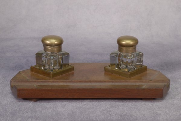 Art Deco Inkwell Wooden Support with Brass Inlay 2 Uraline Glass Inkwell, 1930s, Set of 3-NEN-2033922