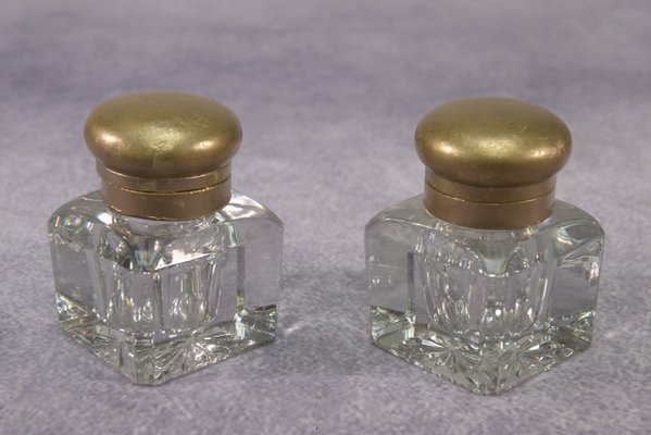 Art Deco Inkwell Wooden Support with Brass Inlay 2 Uraline Glass Inkwell, 1930s, Set of 3-NEN-2033922