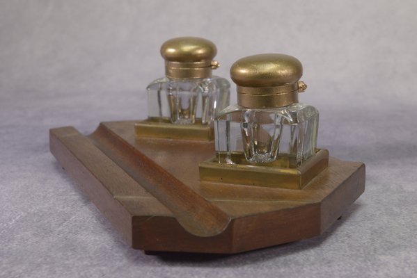 Art Deco Inkwell Wooden Support with Brass Inlay 2 Uraline Glass Inkwell, 1930s, Set of 3-NEN-2033922