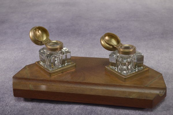 Art Deco Inkwell Wooden Support with Brass Inlay 2 Uraline Glass Inkwell, 1930s, Set of 3-NEN-2033922