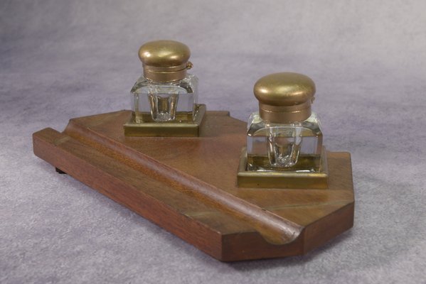 Art Deco Inkwell Wooden Support with Brass Inlay 2 Uraline Glass Inkwell, 1930s, Set of 3-NEN-2033922