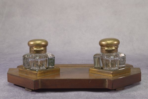 Art Deco Inkwell Wooden Support with Brass Inlay 2 Uraline Glass Inkwell, 1930s, Set of 3-NEN-2033922