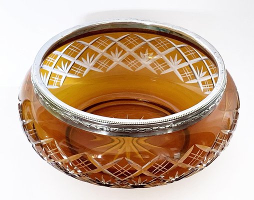 Art Deco Italian Amber and Silver Carved Crystal 800 Vase Bowl, 1930s-JDR-1126228