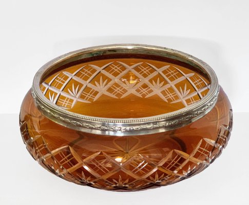 Art Deco Italian Amber and Silver Carved Crystal 800 Vase Bowl, 1930s-JDR-1126228