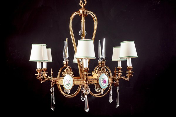 Art Deco Italian Brass Chandelier with Porcelain Insert, 1940-MBH-1031630