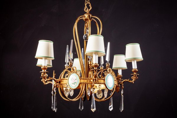 Art Deco Italian Brass Chandelier with Porcelain Insert, 1940-MBH-1031630