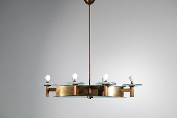 Art Deco Italian Chandelier in Oval Brass and Glass by Pietro Chiesa, 1950s-YU-1800695