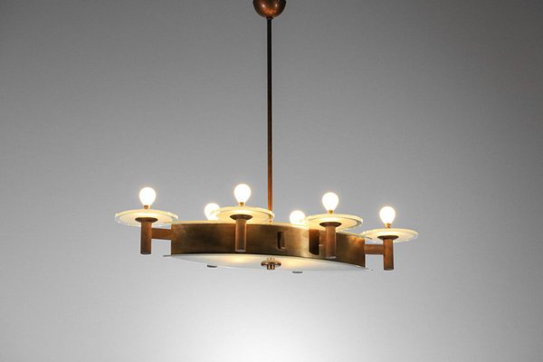 Art Deco Italian Chandelier in Oval Brass and Glass by Pietro Chiesa, 1950s-YU-1800695