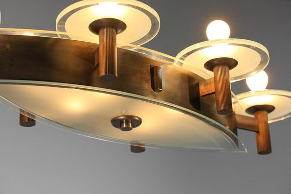 Art Deco Italian Chandelier in Oval Brass and Glass by Pietro Chiesa, 1950s-YU-1800695