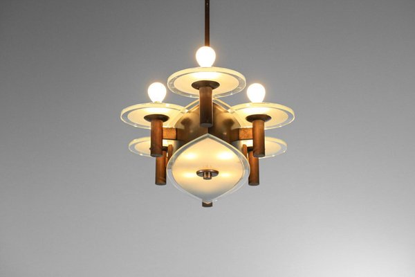 Art Deco Italian Chandelier in Oval Brass and Glass by Pietro Chiesa, 1950s-YU-1800695