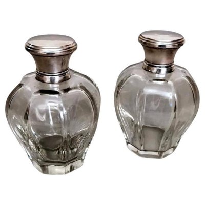 Art Deco Italian Crystal Toiletry Bottles and Silver Lid, Set of 2-QRS-1336631