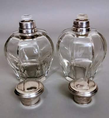 Art Deco Italian Crystal Toiletry Bottles and Silver Lid, Set of 2-QRS-1336631