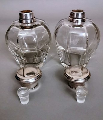 Art Deco Italian Crystal Toiletry Bottles and Silver Lid, Set of 2-QRS-1336631