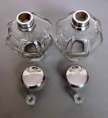 Art Deco Italian Crystal Toiletry Bottles and Silver Lid, Set of 2-QRS-1336631