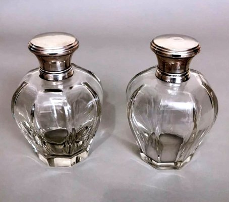 Art Deco Italian Crystal Toiletry Bottles and Silver Lid, Set of 2-QRS-1336631