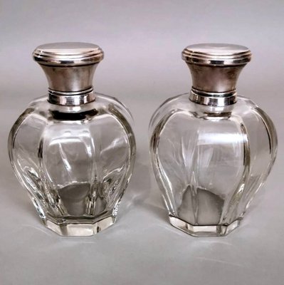 Art Deco Italian Crystal Toiletry Bottles and Silver Lid, Set of 2-QRS-1336631