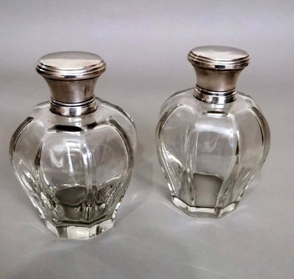 Art Deco Italian Crystal Toiletry Bottles and Silver Lid, Set of 2-QRS-1336631