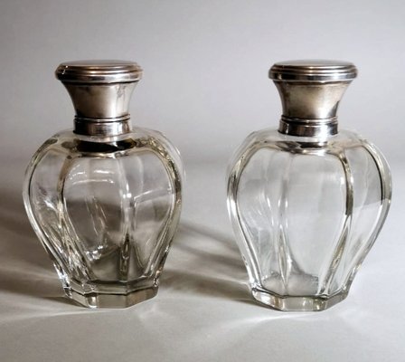 Art Deco Italian Crystal Toiletry Bottles and Silver Lid, Set of 2-QRS-1336631