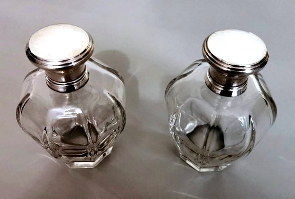 Art Deco Italian Crystal Toiletry Bottles and Silver Lid, Set of 2-QRS-1336631