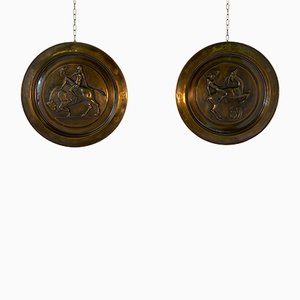 Art Deco Italian Decorative Brass Plates, 1940s, Set of 2-FF-692700