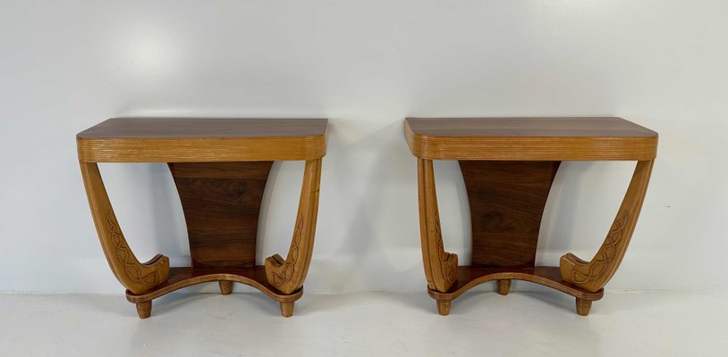 Art Deco Italian Walnut and Maple Consoles attributed to Colli for Pierluigi Colli, 1930s, Set of 2-FF-2017428