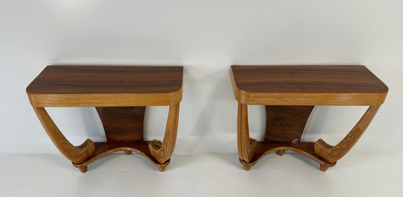 Art Deco Italian Walnut and Maple Consoles attributed to Colli for Pierluigi Colli, 1930s, Set of 2-FF-2017428