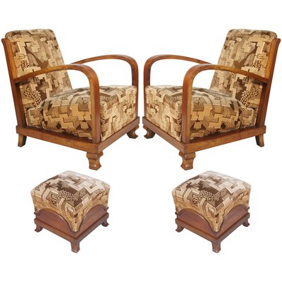 Art Deco Italian Walnut Lounge Chairs and Ottomans from Fortunate Depero, 1920s, Set of 4-NJV-577239