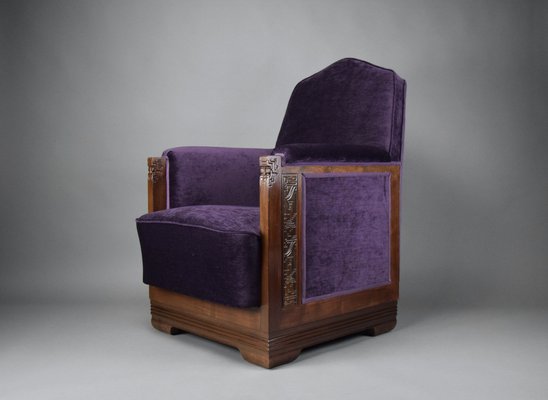 Art Deco Jatoba Wood and Purple Velvet Lounge Chair, 1930-IEI-1729031