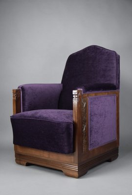 Art Deco Jatoba Wood and Purple Velvet Lounge Chair, 1930-IEI-1729031