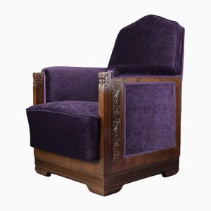 Art Deco Jatoba Wood and Purple Velvet Lounge Chair, 1930-IEI-1729031