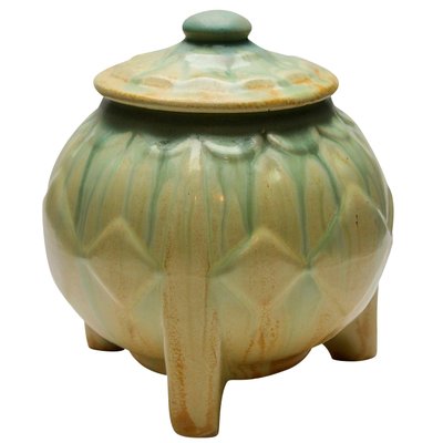 Art Deco Lidded Pot on Three Rectangular Feet with Drip Glazes-MJY-1148997