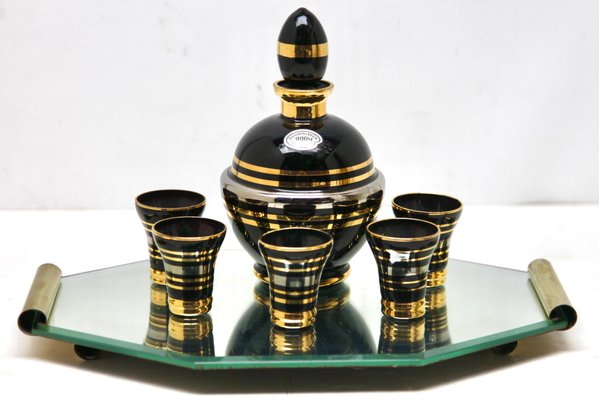 Art Deco Liqueur Set with Serving Tray attributed to De Rupel, Belgium, 1935, Set of 7-MJY-1433319