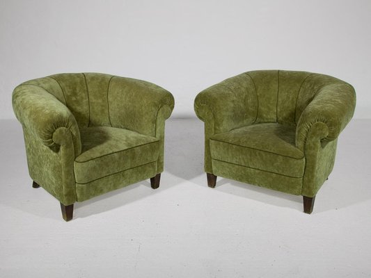 Art Deco Lounge Chairs in Green Olive Velvet Upholstery, Set of 2-KL-1315650