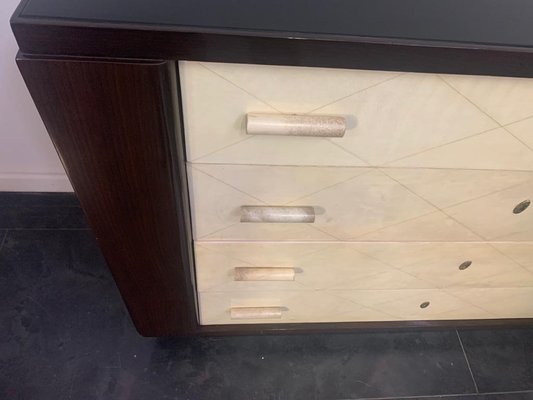 Art Deco Mahogany Chest of Drawers with Parchment Handles, 1940s-IJR-801956