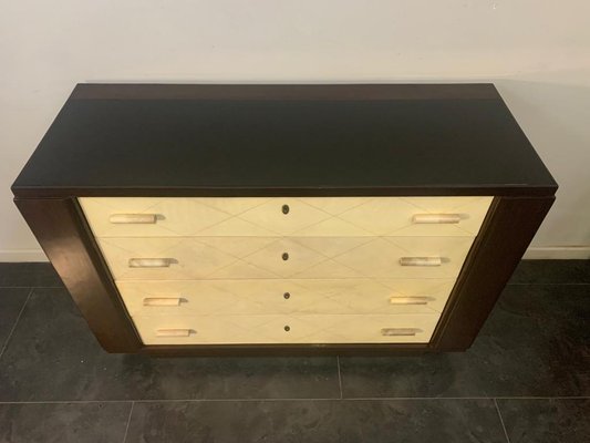 Art Deco Mahogany Chest of Drawers with Parchment Handles, 1940s-IJR-801956