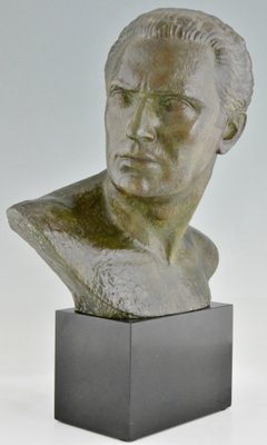 Art Deco Male Bust Sculpture of Aviator Jean Mermoz in Bronze & Marble by Lucien Gibert, 1925-KTN-1786363