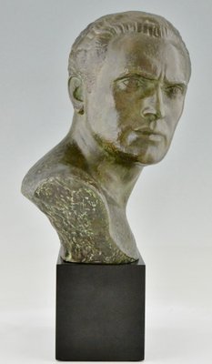 Art Deco Male Bust Sculpture of Aviator Jean Mermoz in Bronze & Marble by Lucien Gibert, 1925-KTN-1786363