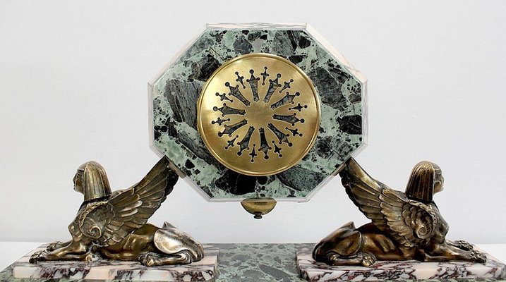 Art Deco Marble and Bronze Mantel Clock & Decoration, 1940s, Set of 3-RVK-990959