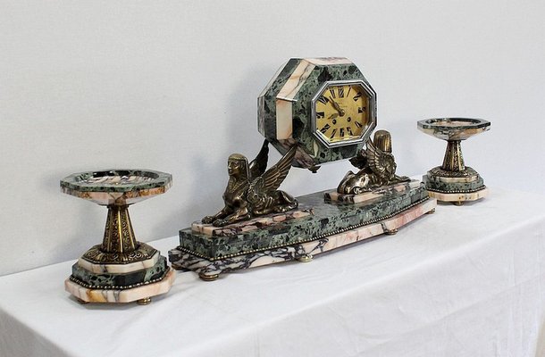 Art Deco Marble and Bronze Mantel Clock & Decoration, 1940s, Set of 3-RVK-990959