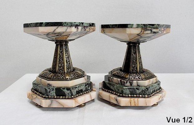 Art Deco Marble and Bronze Mantel Clock & Decoration, 1940s, Set of 3-RVK-990959