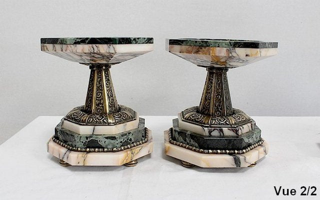 Art Deco Marble and Bronze Mantel Clock & Decoration, 1940s, Set of 3-RVK-990959